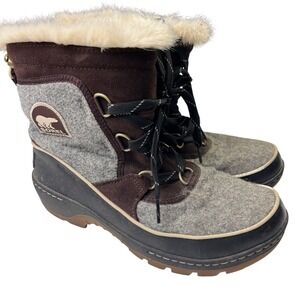 Sorel Women's Winter Boots Size 8 Grey Brown Faux Fur Lace Up Waterproof Flaw